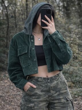 Corduroy Button-Up Jacket with Hood - Forest Green
